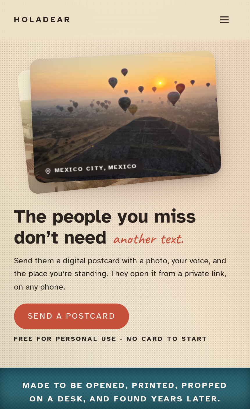 HolaDear app — send a digital postcard with a photo, voice note, and your location